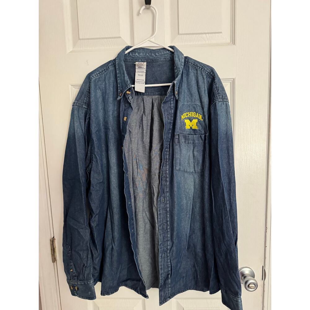 Pro Edge University of Michigan Lightweight Denim Button Down Embroidered Sz 2XL